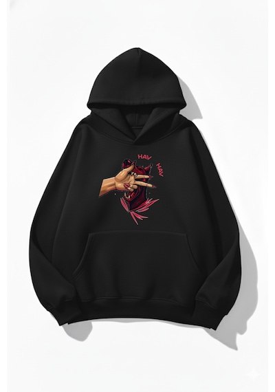 Uyguntarz Unisex Yumuşak Dokulu Hav Hav Baskılı Tasarım Oversize 3 İplik Hoodie Sweatshirt siyah