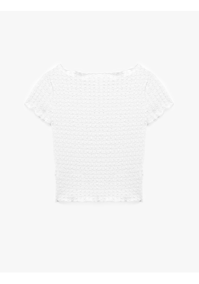 Koton Bürümcük Kumaş Slim Fit Kısa Kollu Omzu Açık Kayık Yaka Bluz Ekru 6sak10364ek
