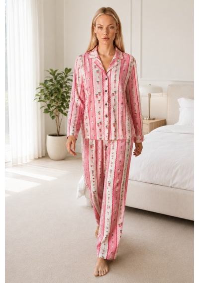 Kadın Desenli Relaxed Pembe Pijama Takımı 4658