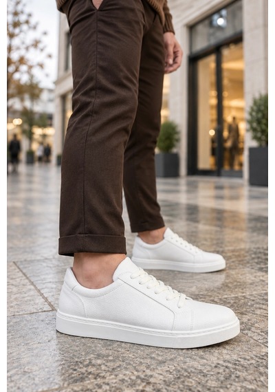 Mevese Etile Bağcıklı Cilt Erkek Günlük Sneaker Ayakkabı - Beyaz