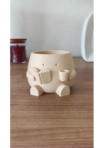 3d Baskı Kitap Okuyan Saksı - Kupa Tutan Sevimli Saksı-bej Belirtilmemis