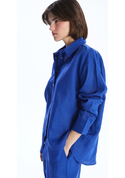 Lcw Vision Mavi Oversize %100 Keten Kadın Gömlek