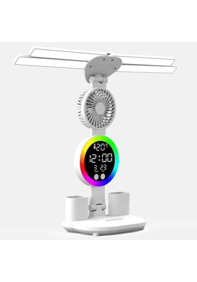 Monozone Rgb Şarjlı Led Masa Lambası Fanlı 4başlı Lamba Rgb Saat Ekranlı Kısılabilir Çalışma Lambası Beyaz