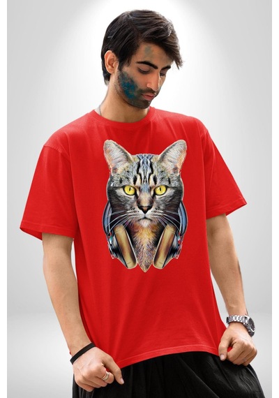 Kulaklık Kedi Pamuklu Bisiklet Yaka Unisex Oversize Boyfriend Dijital Baskılı Kırmızı T-shirt Kırmızı
