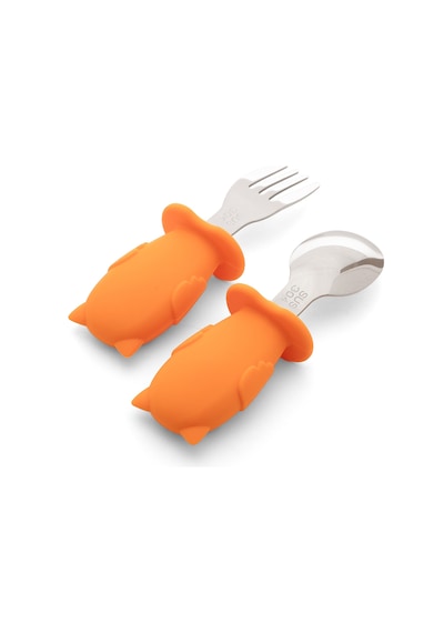 Turuncu Baykuş Figürlü Premium Çocuk Bpa Free Silikon Sap Paslanmaz Çelik Uçlu Çatal-kaşık Set 9+ Ay