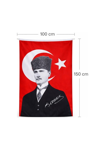 Atatürk Resimli Kalpaklı Türk Bayrağı 100x150 Cm Büyük Boy Balkon, Tören Ve Özel Gün Bayrağı Tek Ebat