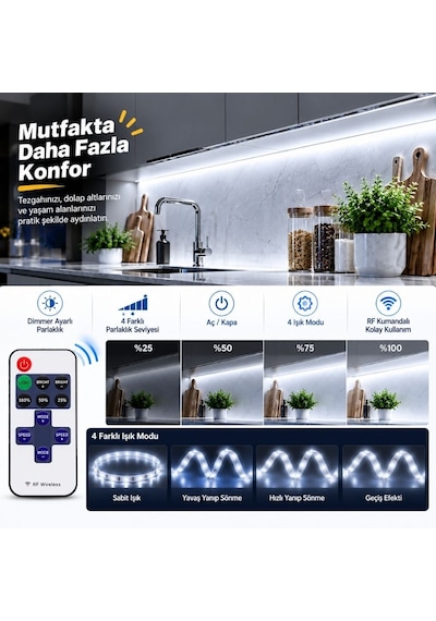 Şerit Led Kumandalı Dimmerli 5 Metre Mutfak Dolabı Tezgah Altı Aydınlatma Led Işık Sb-6557 Beyaz