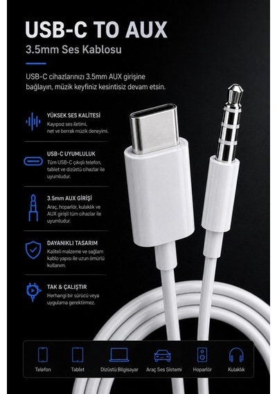 Metaforce Type C Aux Çevirici 1 Metre Dijital Ses Adaptörü 3.5mm Jack Alüminyum Gövde Type C To Aux Kablo