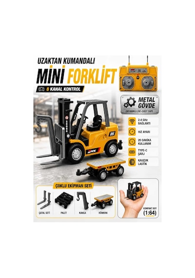 Uzaktan Kumandalı Şarjlı Mini Forklift 1:64 Die-cast Metal - Römorklu Çatallı Kancalı Tam Set 11 Cm Çok Renkli