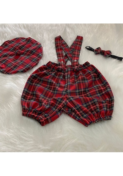 Eylülce Butik Kırmızı Ekoseli Çocuk Askılı Şort Salopet & Ressam Şapkası & Papyon Takım-