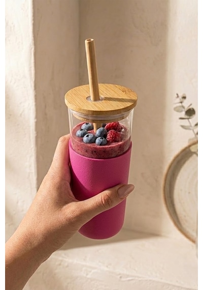 Bambu Kapaklı Silikon Kılıflı Cam Suluk Matara 550 Ml Şeffaf