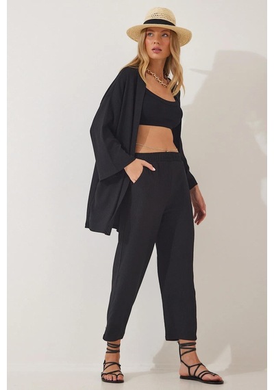 Trend Alisse Boru Paça Kimono Kadın Alt Üst Takım Siyah
