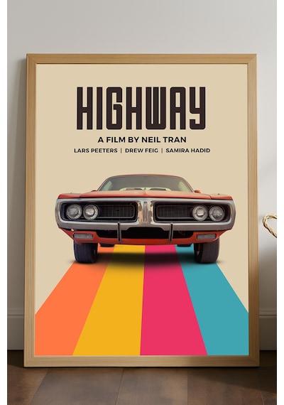 Highway Doğal Ahşap Çerçeveli Poster, Dekoratif Seyahat Duvar Tablosu