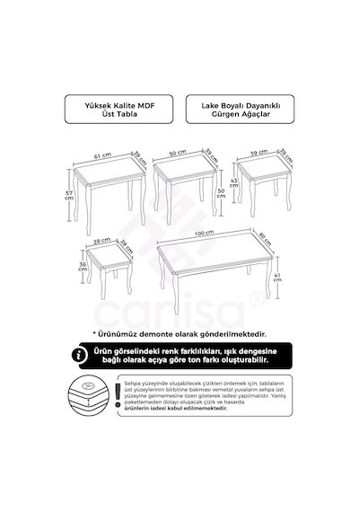 Canisa Roma Serisi, 1.sınıf Mdf Ve Lake Boya, Avangart 4'lü Zigon Sehpa Takımı Ve Orta Sehpa, Krem Krem - Krem