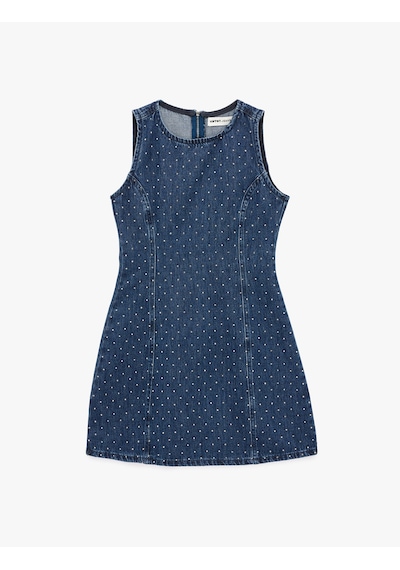 Koton Pamuklu Taş Detaylı Bisiklet Yaka Kolsuz Mini Denim Elbise Koyu İndigo 6sal80019md Indigo