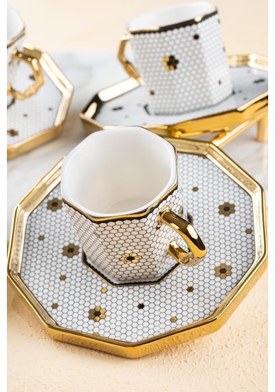 Acar Sedwick Petek Desen Gold Yaldız 90 Ml 6 Kişilik Porselen Kahve Fincanı Takımı 0202