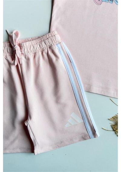 Noble Kids Kız Çocuk Yazlık Logo Baskılı Tişört Ve Şort Takım Pembe