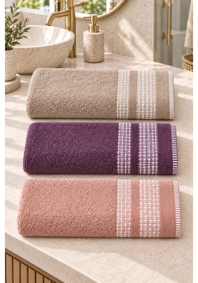 Çift Şerit Desenli Havlu 50x90 Cm 3 Lü Set - Mulberry Blush Çok Renkli