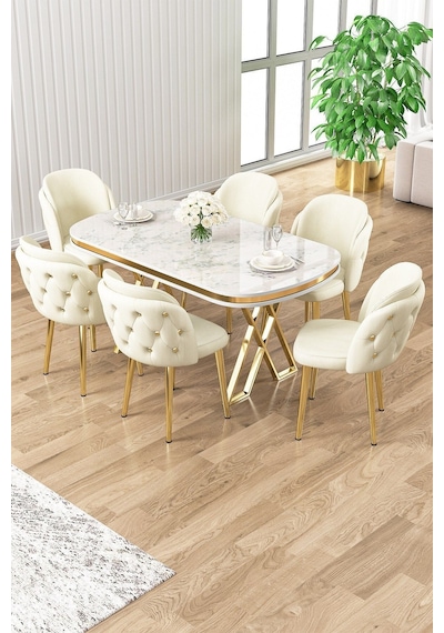 Canisa Zae Serisi 90x168 Lak Panel Beyaz Mermer Desen Gold Ayak Masa Takımı 6 Krem Sandalye Beyaz Mermer Desen Masa Sandalyeler Siyah Canisa Zae Serisi 90x168 Lak Panel Beyaz Mermer Desen Gold Ayak Masa Takımı 6 Krem Sandalye Beyaz Mermer Desen Masa Sandalyeler Siyah