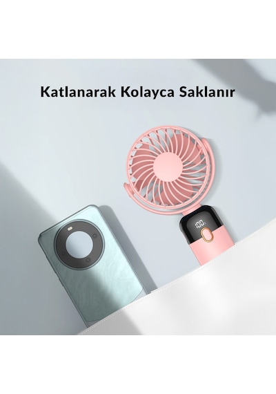 Warmco K70 Taşınabilir Şarjlı El Vantilatörü 2400mah 360 Döner Başlıklı Ve Standlı Dijital Ekranlı Soğutucu Fan Pembe