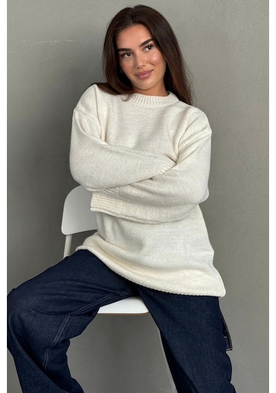Madmext Ekru Bisiklet Yaka Oversize Uzun Kadın Triko Kazak Mg2890