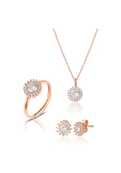 Zanaatsilver 925 Ayar Gümüş Rose Kaplamalı Elmas Montürlü 3'lü Set & Takım