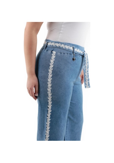 Zanessi Fashıon Büyük Beden Denim Yüksek Bel Kuşaklı Nakış İşlemeli Bol Paça Palazzo Kadın Pantolon Mavi