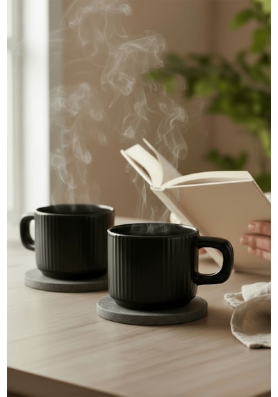 2 Adet El Yapımı 260 Ml Siyah Parlak Seramik Mug Çay Kahve Kupası Mıt1302 Siyah