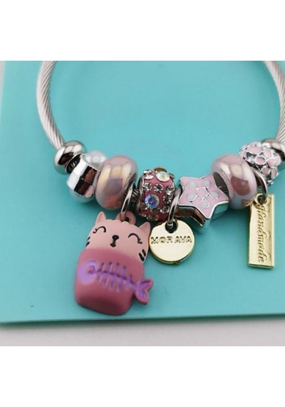 Pembe Charm Detaylı Kadın Bileklik Sevimli Figürlü Çelik Charm Bileklik Gümüş