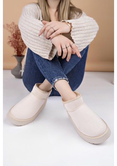 Nesilshoes Nesil Shoes Ypr 8391 Bej Süet İçi Kürklü Su İtici Kadın Bot Bej Nubuk