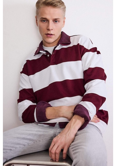 Defacto Boxy Fit Polo Yaka Çizgili Sweatshirt G5091ax25wnbr194 Bordo-br194