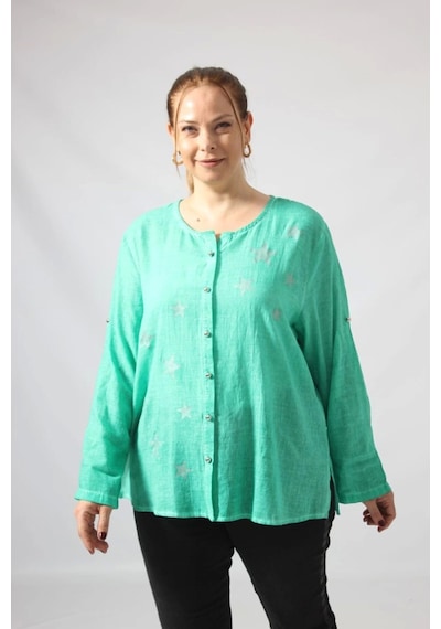 Moda Berray 3294 Yeşil Yıldız Baskılı Organik Keten Kumaş Mevsimlik Gömlek Yeşil