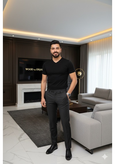 Lüx Wood Lüx Erşah 6'lı Ekonomik Paket V Yaka %95 Pamuk %5 Likra Full Esnek Penye Siyah