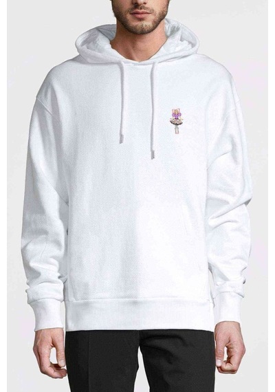 Pamyu Göğüs Baskı Baskılı Beyaz Erkek Örme Kapşonlu Sweatshirt