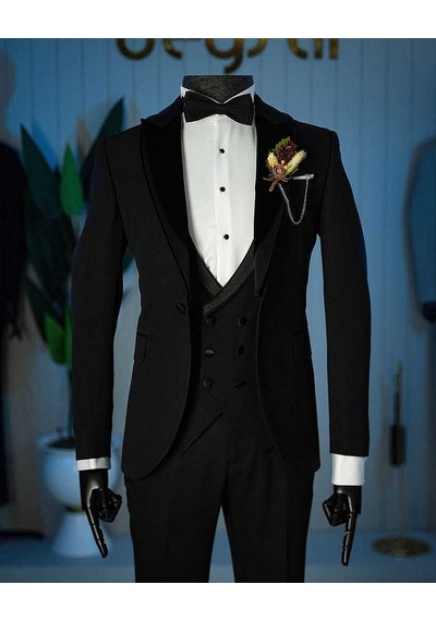 Bys Beystil Siyah Şal Yaka Üzerine Sivri Yaka Damatlık & Smokin Takımı 10001 - Slim Fit