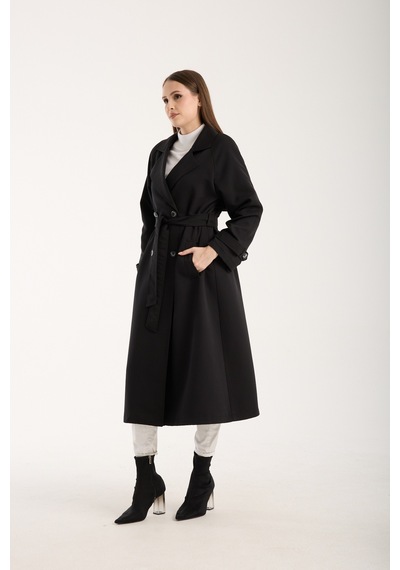 Siyah Kemerli Oversize Astarlı Trençkot 46159