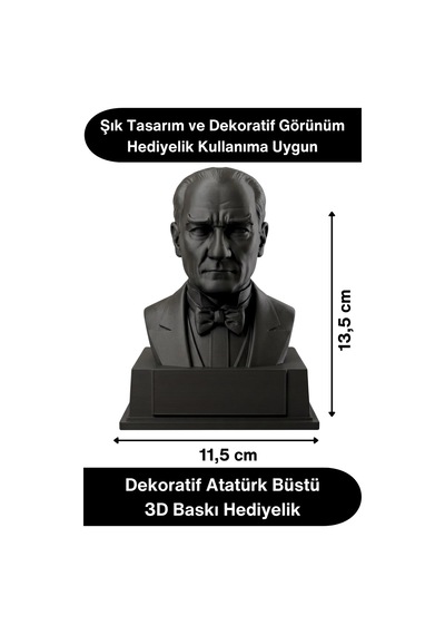 Atatürk Mustafa Kemal Atatürk Büstü 3d Baskı Dekorasyon Biblo Siyah Premium Tasarım Şık Obje Ev Ofi