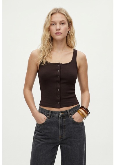 Ritnice Kadın Olivia Lux Touch U Yaka Çıtçıtlı Askılı Kahverengi Top / Bluz Kahverengi