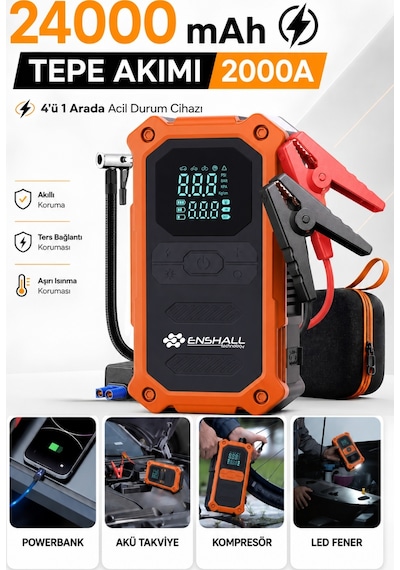 24.000mah Şarjlı Powerbank Özellikli Çantalı 2000a Tepe Akımlı Akü Takviyeli Oto Hava Kompresör 24.000mah