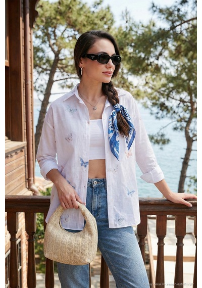 Lela Pamuk Ve Keten Karışımlı Regular Fit Desenli Bayan Gömlek 6773195 Ekru
