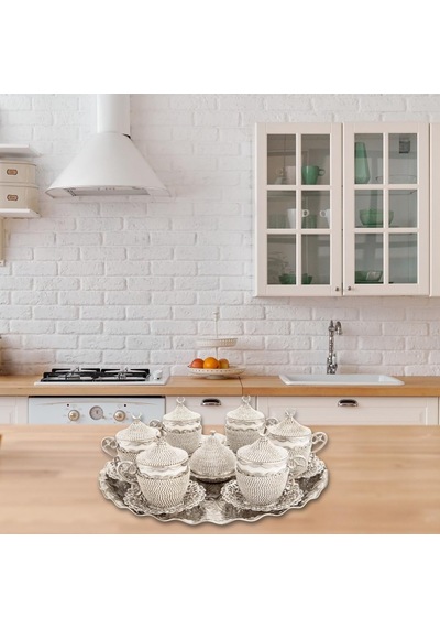 Türk Kahvesi Fincan Seti, Kristal Lokumluk, 6'li Espresso Fincan Ve Tabak Takımı Gümüş Beyaz Diğer
