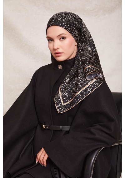 Levidor Noktalı Daireler Baskı Twill İpek Eşarp-0933 Siyah-camel