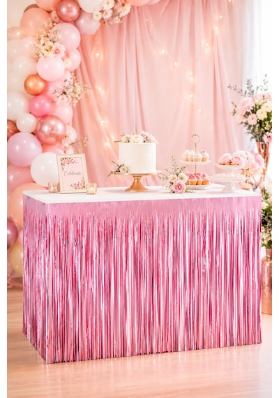 Metalize Mat Pembe Masa Eteği Fon Süs 240x75 Cm Parti Masa Dekorasyon Ve Fon Süsü Çok Renkli
