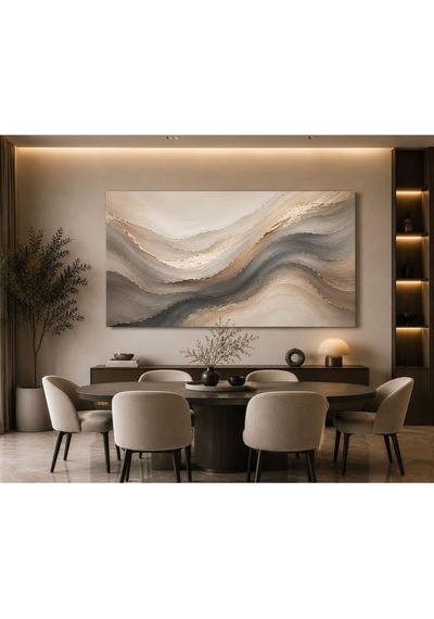 Lüx Bej Antrasit Soyut Dalga Kanvas Tablo Modern Minimalist Dokulu Görünümlü Büyük Boy Salon Yemek Odası Ofis Duvar Dekoru