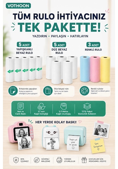 Zenvia 13 Lü Mini Yazıcı Termal Rulo Seti Çocuk Kamera Baskı Kağıdı 5 Yapışkanlı 5 Düz Beyaz 3 Renkli Znv2
