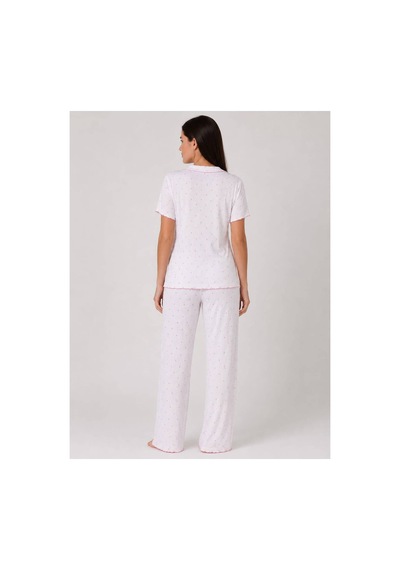 Pijamask Kadın Beyaz Pembe Kalp Desenli Gömlek Yaka Kısa Kollu Uzun Pantolonlu Pijama Takımı Rahat Ev Giyim Uyku Takımı Beyaz