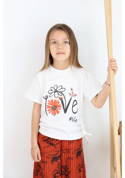 Fesshera Kız Çocuk ''love Life'' Baskılı Tişört & Çizgili Desenli Bol Pantolon Takımı Kiremit Fesshera Kız Çocuk ''love Life'' Baskılı Tişört & Çizgili Desenli Bol Pantolon Takımı Kiremit