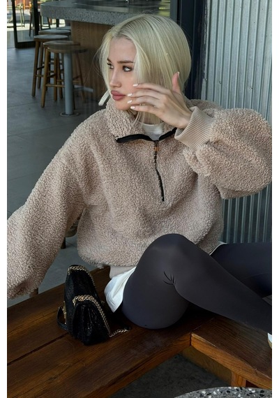 Bej Peluş Fermuar Yaka Sweatshirt Mg1413 Bej