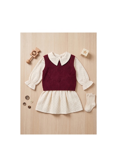 Deniva Kids Kız Çocuk Bordo Süveterli Bebe Yaka Puantiyeli Müslin Elbise İkili Takım