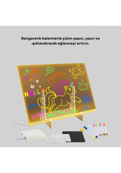Led Işıklı Yazı Panosu 7 Renk Kalemli Kuru Silinebilir Masaüstü Ve Duvar Tipi